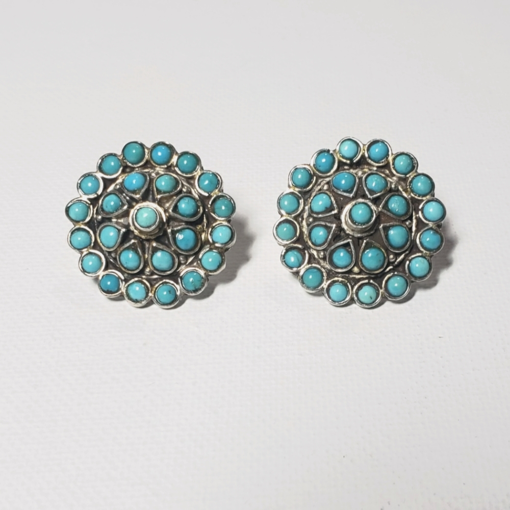 🌼Vintage sterling turquoise cluster earrings, 1"